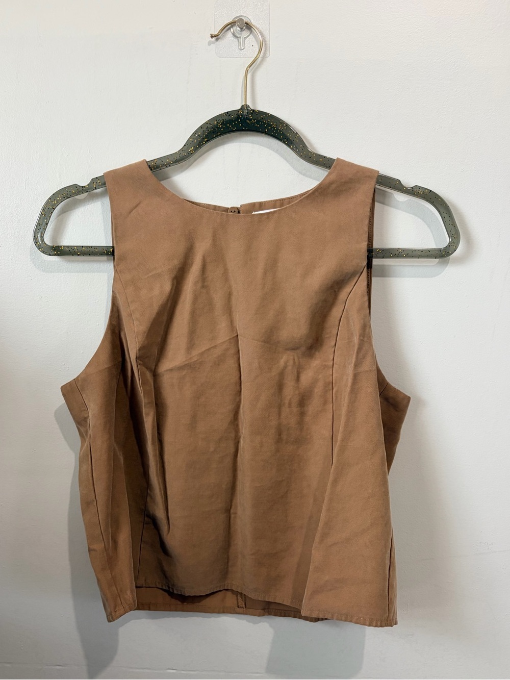 Mango (MNG) Structured Jewel Neck Back-Button Top | Camel / Tan | Size M